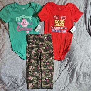 3pc Baby Girl Teal And Orange Onsies, Garanimals 24m Butterflies And Camo Pants